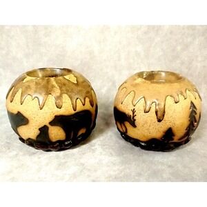 Stoneware Candle Holders Tea Light Rustic Lodge Brown Grip Glaze Cabincore
